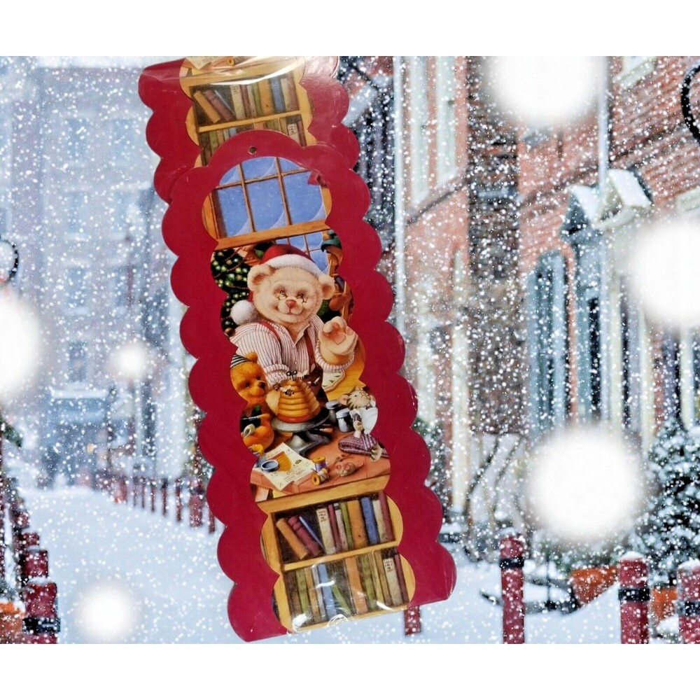Christmas Holiday Card Holder Hanging Teddy Bear Elves  Scalloped Edges New